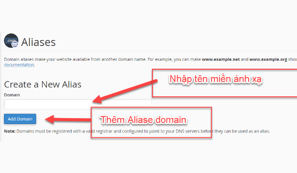 aliases là gì? Nhập địa chỉ tên miền hợp lệ vào ô để tiến hành Alias domain