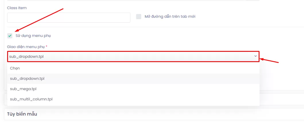 Giao diện menu phụ