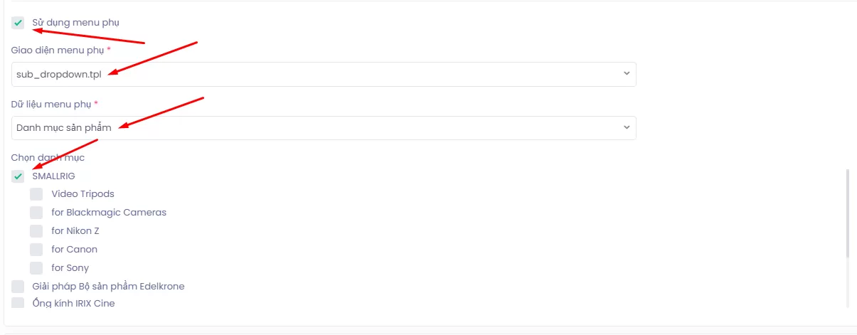 Chọn dữ liệu menu phụ