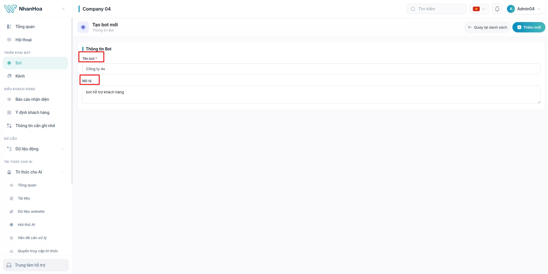 Form tạo bot với ô Tên bot và ô Mô tả