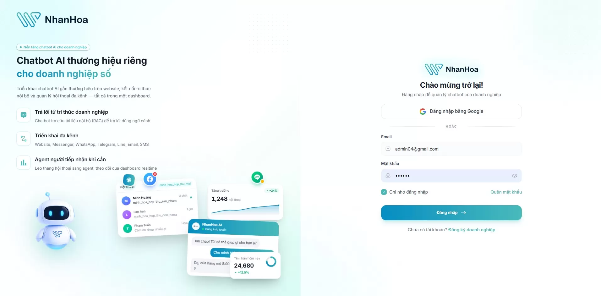 Màn hình đăng nhập với ô Email, ô Mật khẩu, ô "Ghi nhớ đăng nhập", liên kết "Quên mật khẩu?" và nút "Đăng nhập"
