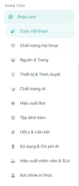Menu "Phân tích" được mở ra, cho thấy danh sách các báo cáo con