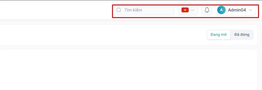 Thanh công cụ phía trên bên phải với chuông thông báo và menu tài khoản